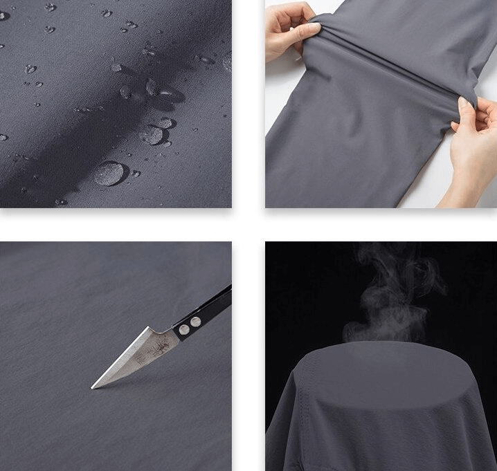 Close-up collage of quick-drying women's travel pants showing water resistance, stretchability, durability, and breathability features.